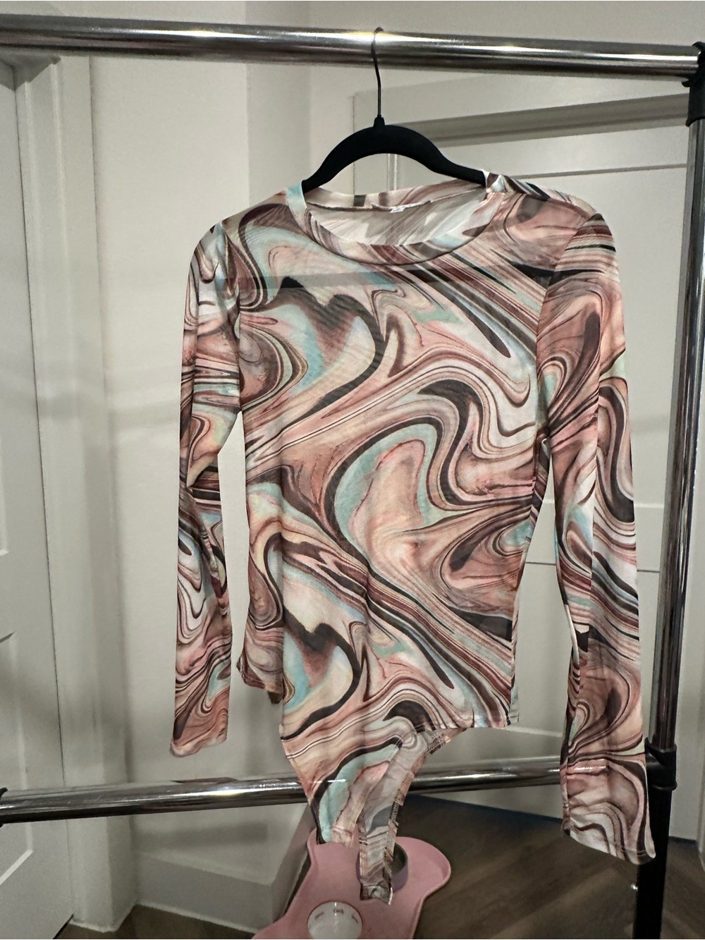 gaze Marble-Print Long Sleeve Bodysuit in Blush, Aqua & Brown